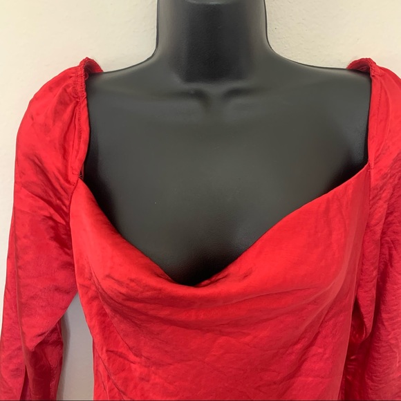 Princess Polly Star Power Red Satin Long Sleeve Cowl Neck Mini Dress - Picture 6 of 11